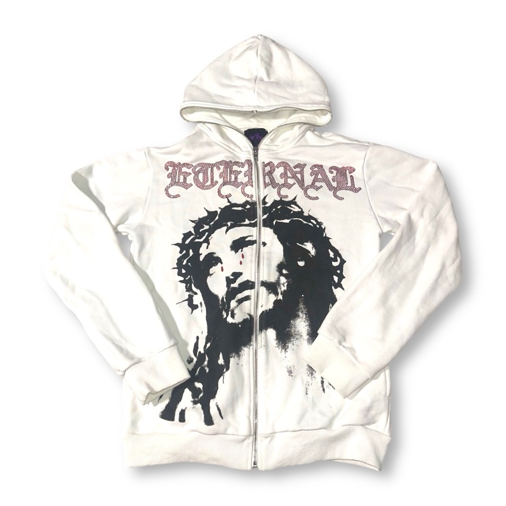 Eternal Artwear Cry of Christ Jesus Full Zip Up Rhinestone Hoodie White